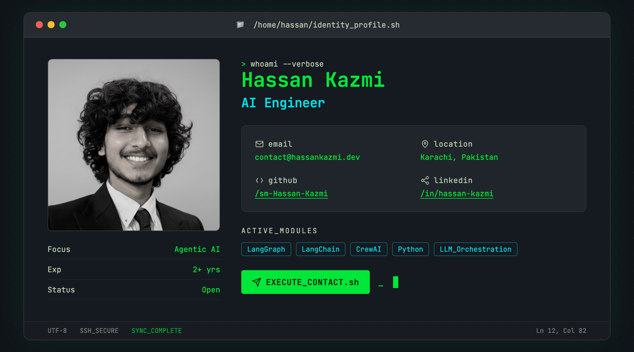 Hassan Kazmi — AI Engineer in Karachi, Pakistan, specializing in Generative AI, Agentic AI, and LLM orchestration (LangGraph, LangChain, CrewAI, Python)
